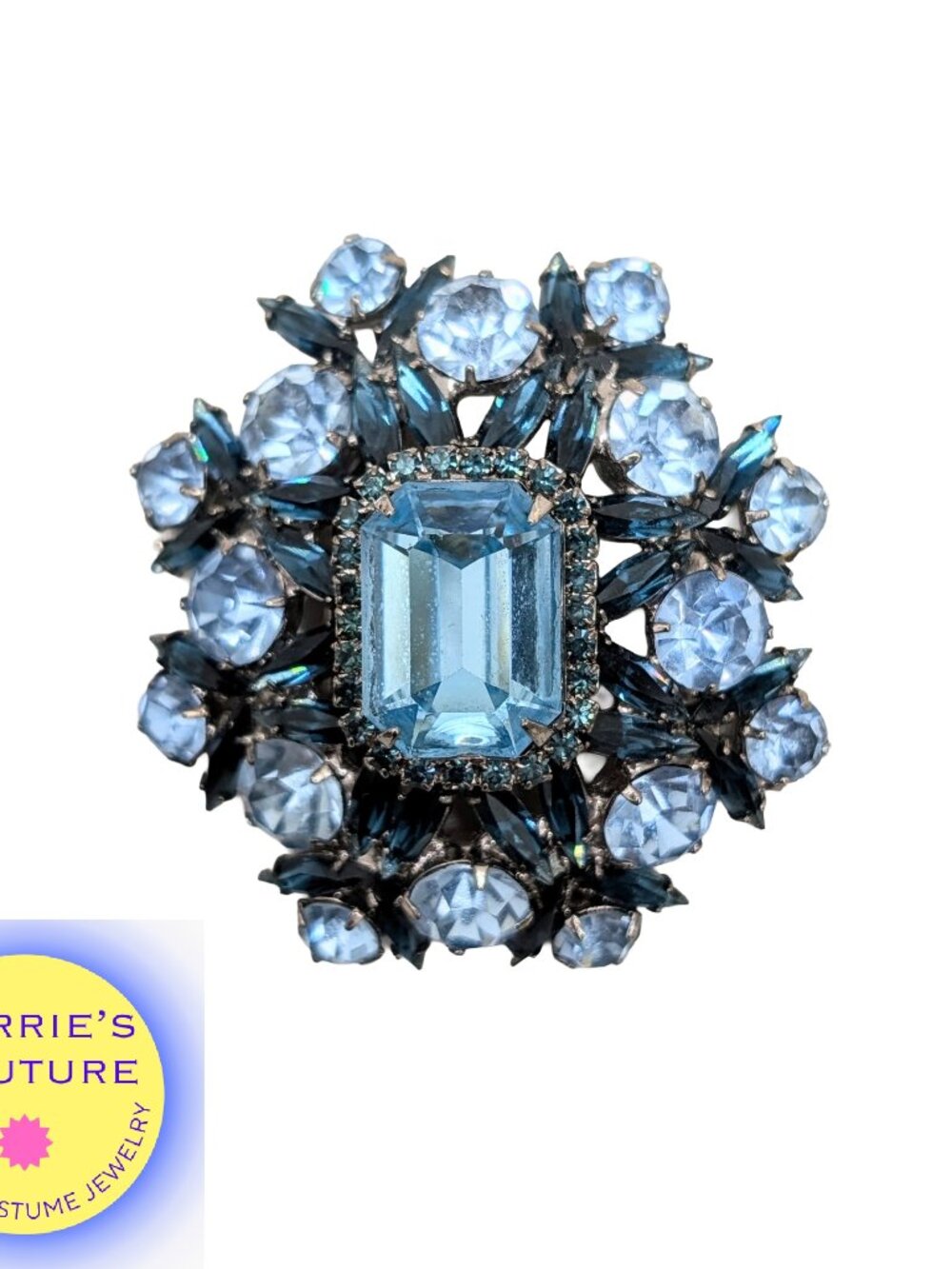 Vintage Signed Marie Ferra Rhodium Plated Faux-Aquamarine & Sapphire Brooch